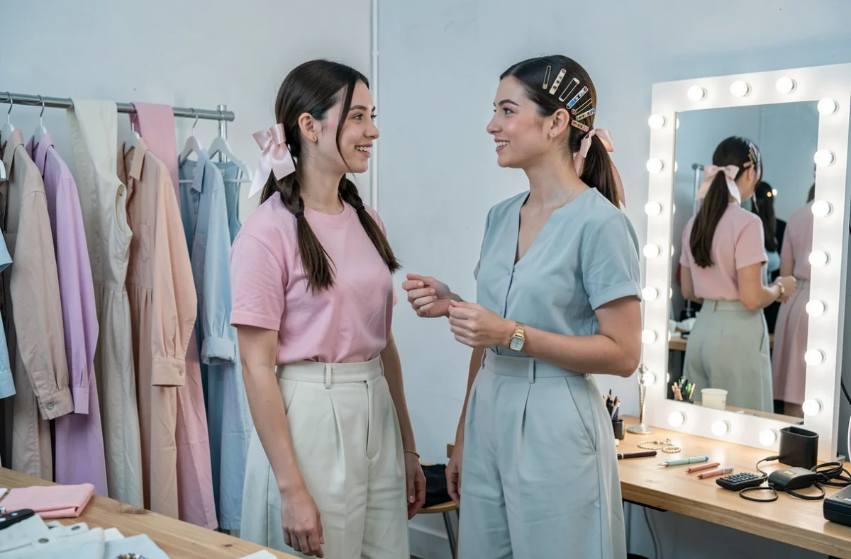 Deux femmes avec accessoires capillaires vintage rétro, nœuds en soie et épingles émaillées, en coulisses d'un défilé printemps-été