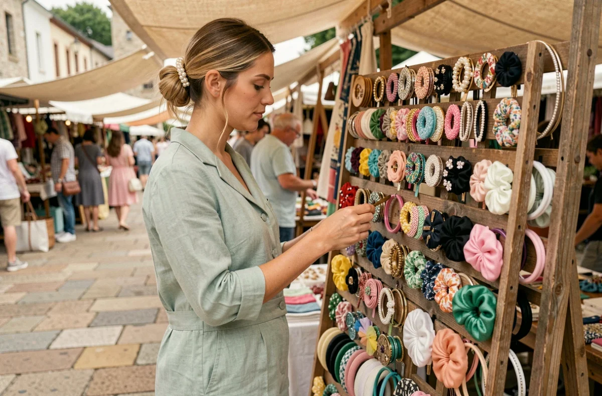 Femme choisissant des accessoires cheveux estivaux sur un marché en plein air