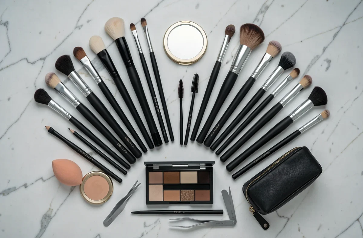 Vue de dessus d'un assortiment complet de pinceaux et accessoires de maquillage disposés sur marbre blanc
