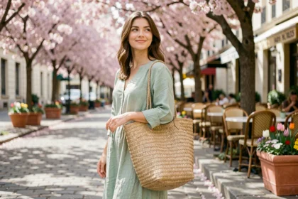 Jeune femme portant un sac en raphia naturel avec une robe en lin pastel dans une rue pavée fleurie au printemps