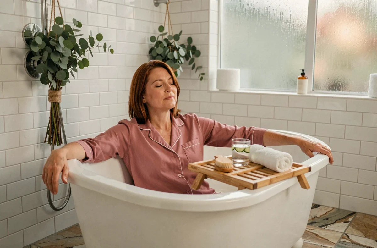 Femme en pyjama rose dans une baignoire îlot avec plateau en bambou, brosse à sec et eucalyptus suspendu dans une salle de bain spa
