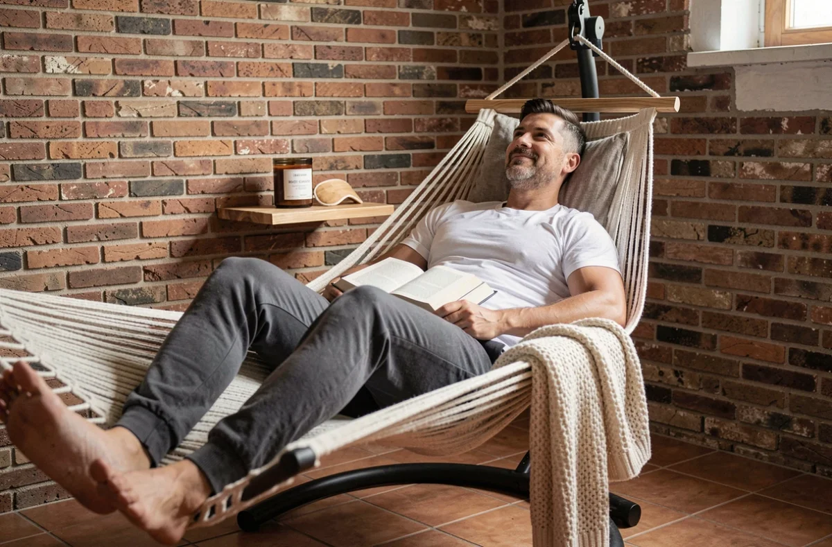 Homme allongé dans un fauteuil hamac ergonomique dans un coin lecture avec bougie parfumée et plaid tricoté