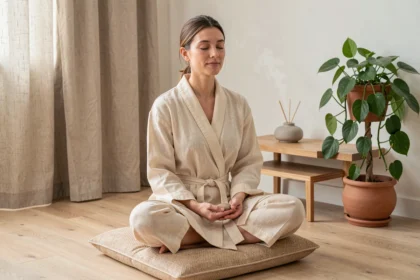 Femme en robe de lin crème assise sur un coussin de méditation dans un salon minimaliste avec diffuseur en céramique et plante verte