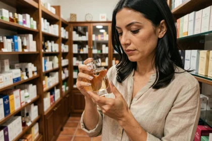 Femme examinant un flacon de parfum dans une pharmacie espagnole traditionnelle