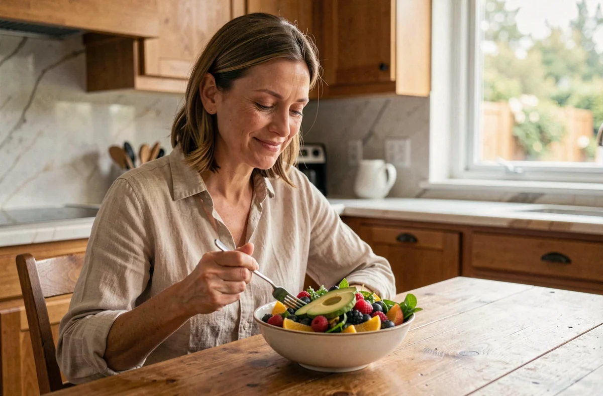 Femme mangeant un bol de salade riche en nutriments favorisant la synthèse naturelle du collagène cutané