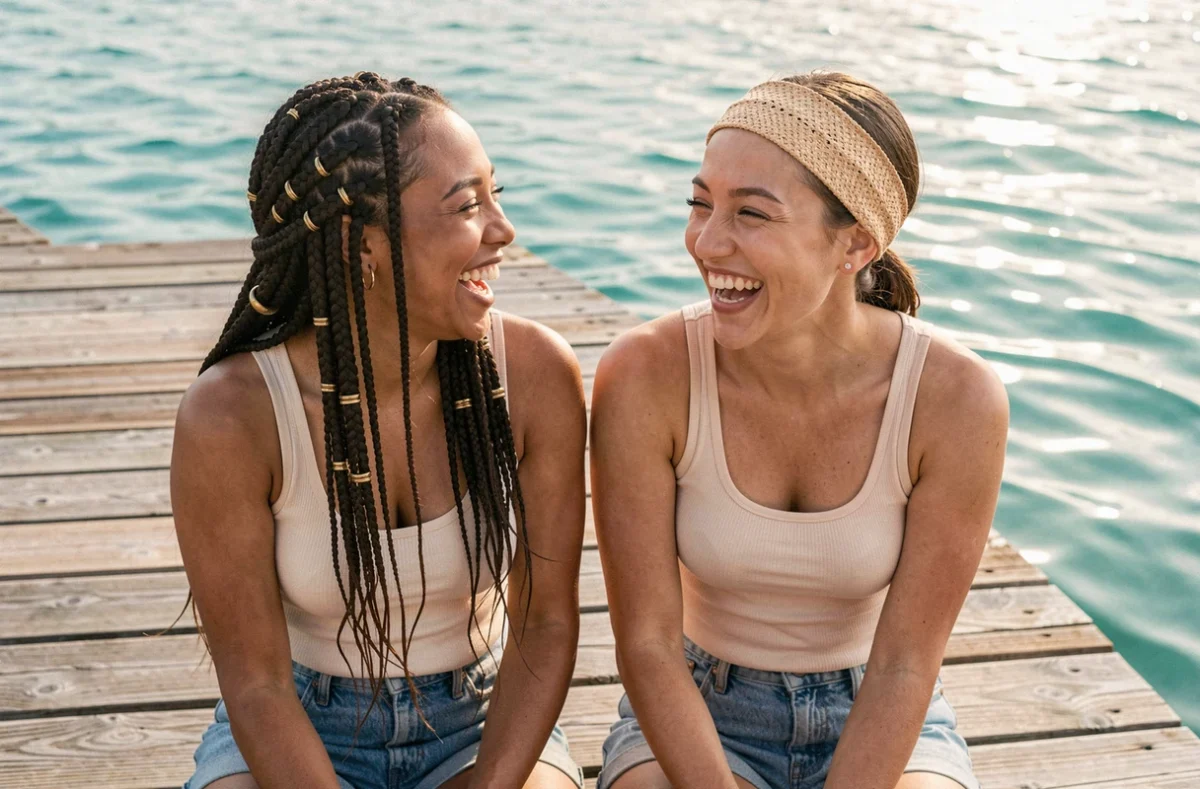 Deux amies sur un ponton portant des anneaux dorés dans les cheveux et un bandeau en raphia en été
