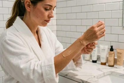 Femme appliquant de l'autobronzant sur le bras dans une salle de bain propre, illustrant la bonne technique d'application circulaire