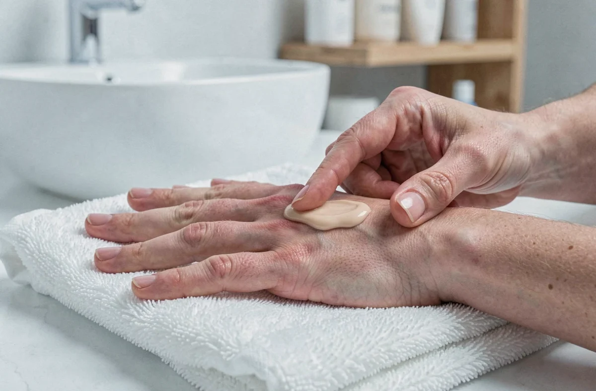 Gros plan de mains appliquant une crème apaisante sur une peau sèche et irritée dans une salle de bain minimaliste
