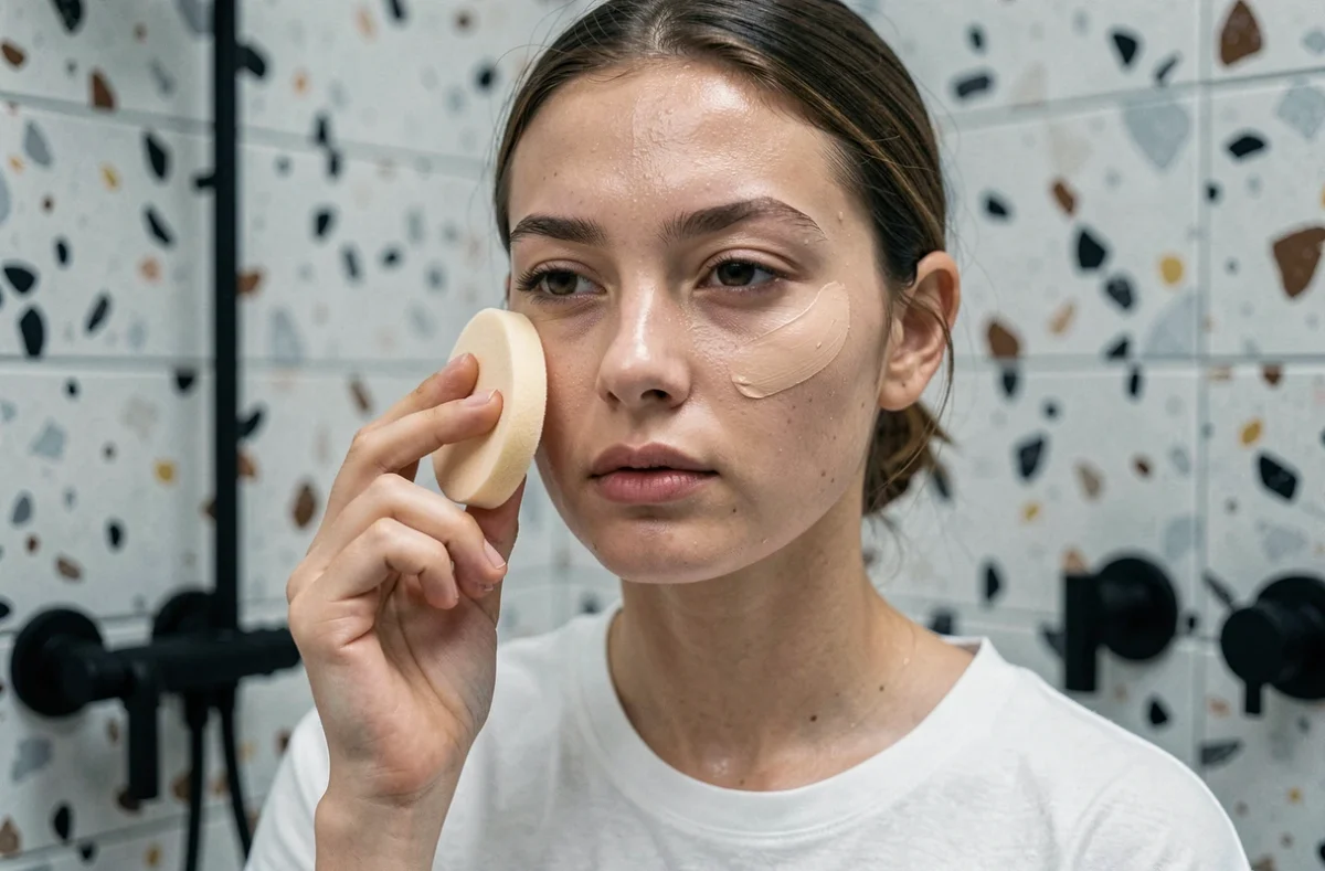Gros plan d'une jeune femme appliquant un fond de teint peau nue avec une éponge beauté dans une salle de bain moderne