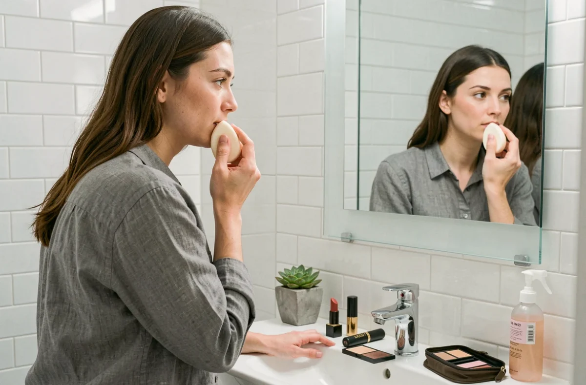 Jeune femme appliquant son fond de teint avec une éponge devant un miroir de salle de bain avec ses outils de maquillage