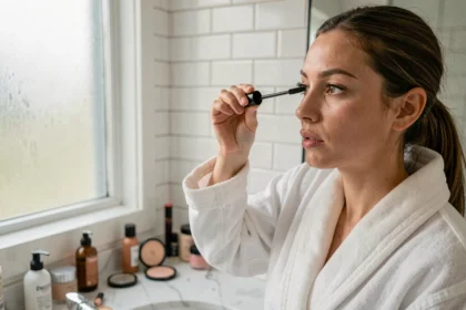 Femme appliquant un mascara adapté à ses cils naturellement droits devant un miroir de salle de bain