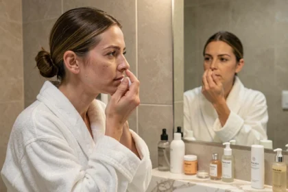 Femme appliquant un primer visage du bout des doigts devant un miroir de salle de bain moderne, avant la pose du fond de teint