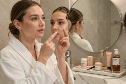 Femme appliquant un primer visage du bout des doigts devant un miroir dans une salle de bain moderne en marbre