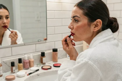 Femme appliquant un rouge à lèvres rouge devant un miroir de salle de bain avec des produits de maquillage posés sur le comptoir en marbre