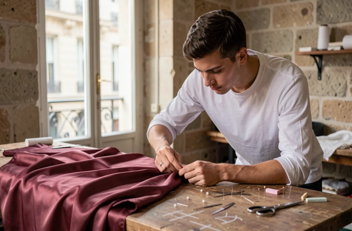 Jeune apprenti couturier cousant à la main un tissu en satin dans un atelier de haute couture historique à Paris