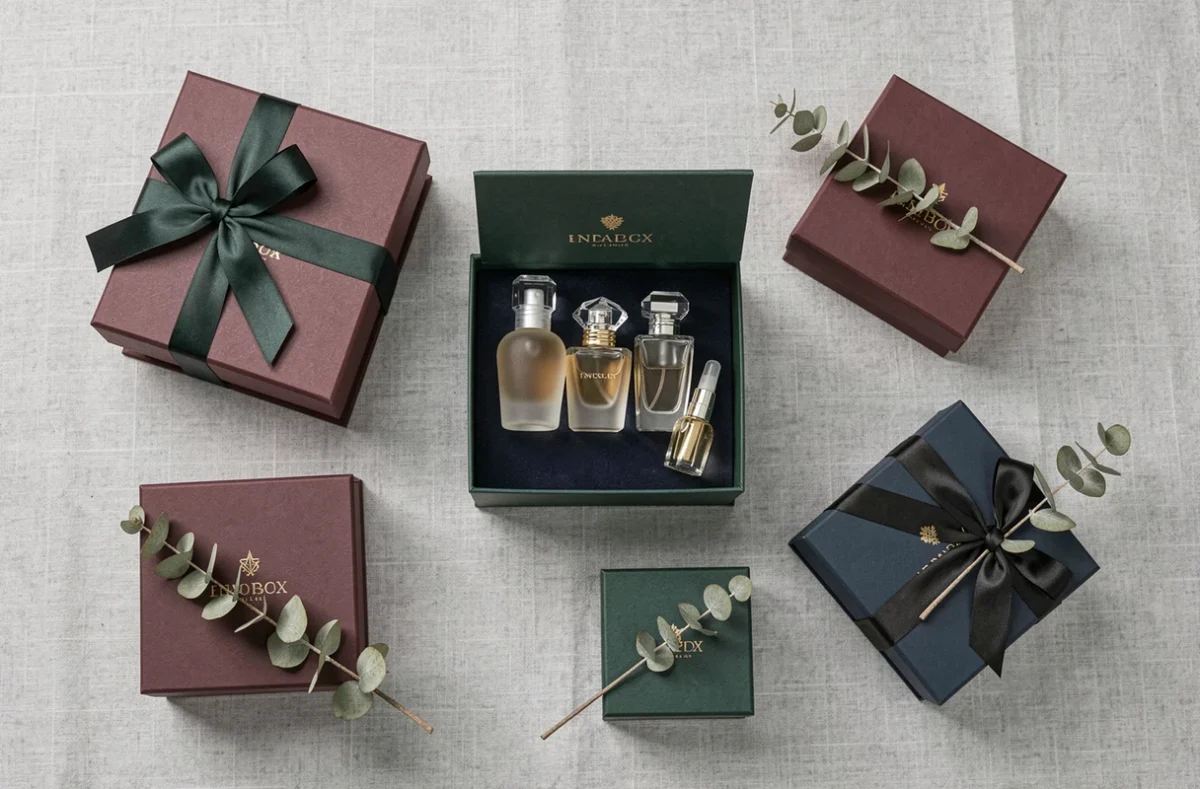 Assortiment de coffrets parfum de différentes couleurs et tailles en flat lay sur fond lin, avec flacons en cristal et décorations d'eucalyptus séché