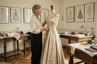 Créatrice de haute couture inspectant une robe en soie sur un mannequin dans un atelier parisien historique