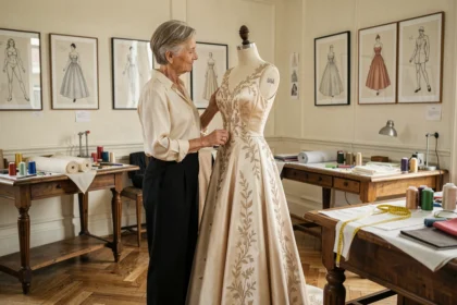 Créatrice de haute couture inspectant une robe en soie sur un mannequin dans un atelier parisien historique