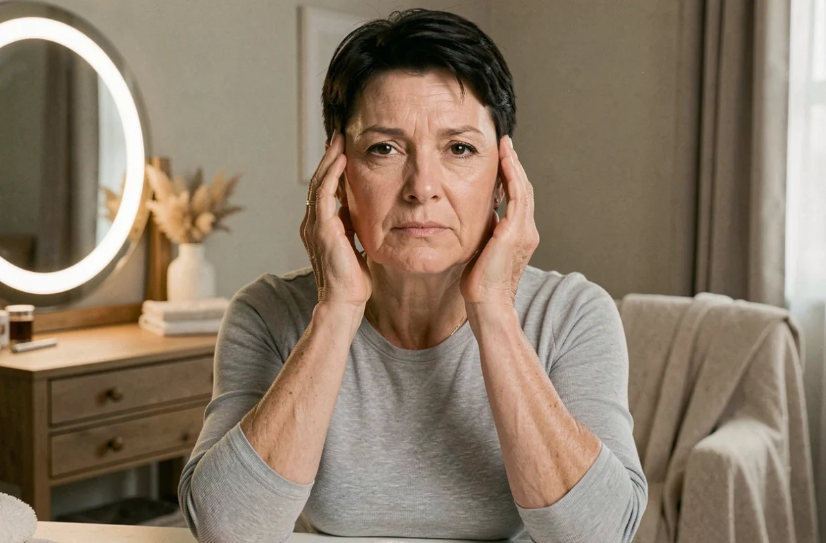 Femme d'âge moyen effectuant un auto-massage de drainage lymphatique facial devant un miroir de coiffeuse