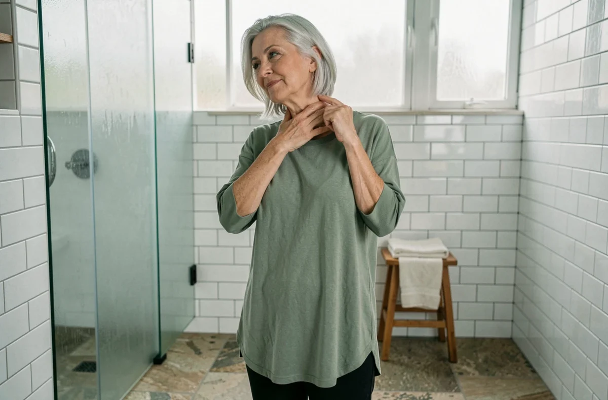 Femme aux cheveux argentés réalisant un automassage cervical dans une salle de bain lumineuse et apaisante