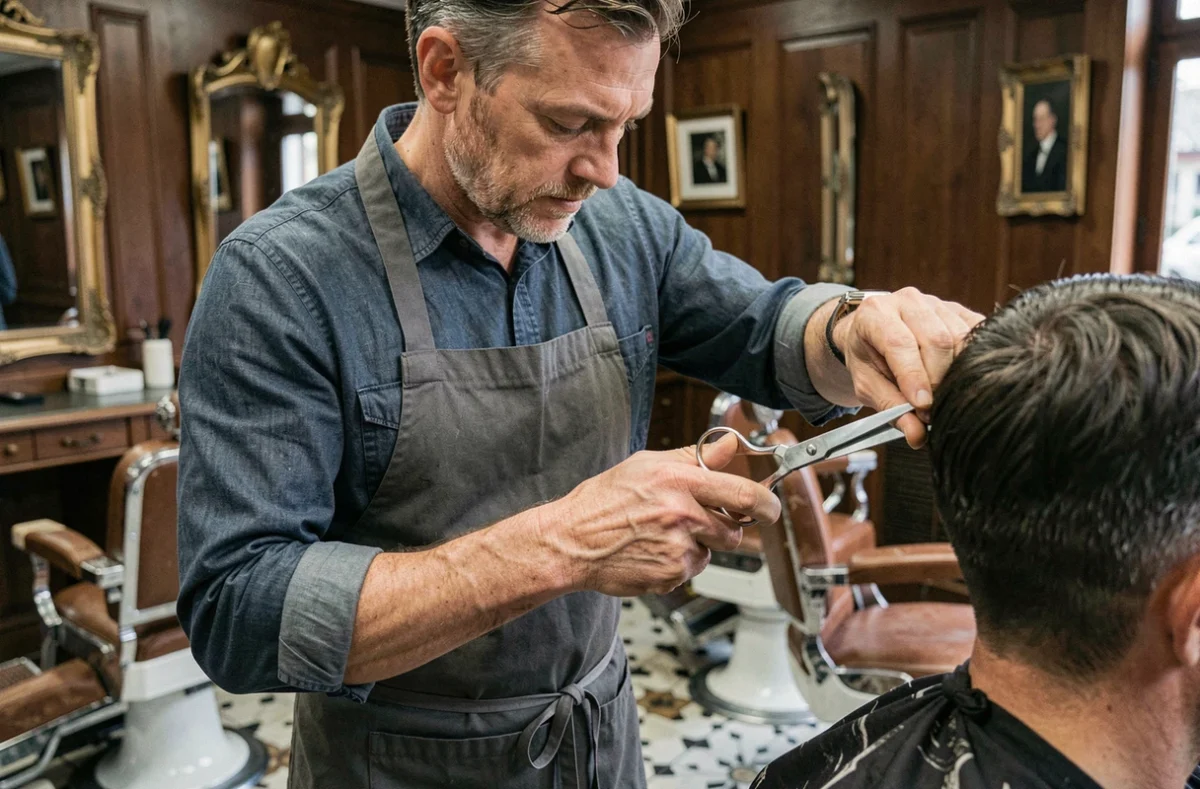 Barbier expert effectuant une coupe précise dans un salon traditionnel du nord de la France