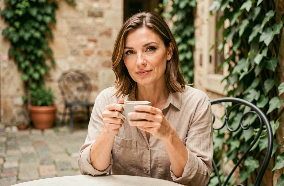 Femme confiante au visage naturel savourant un café en terrasse dans une cour pavée européenne
