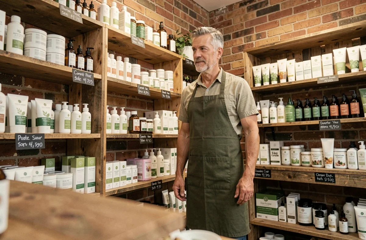 Commerçant réapprovisionnant des cosmétiques certifiés bio dans une boutique beauté indépendante et écoresponsable