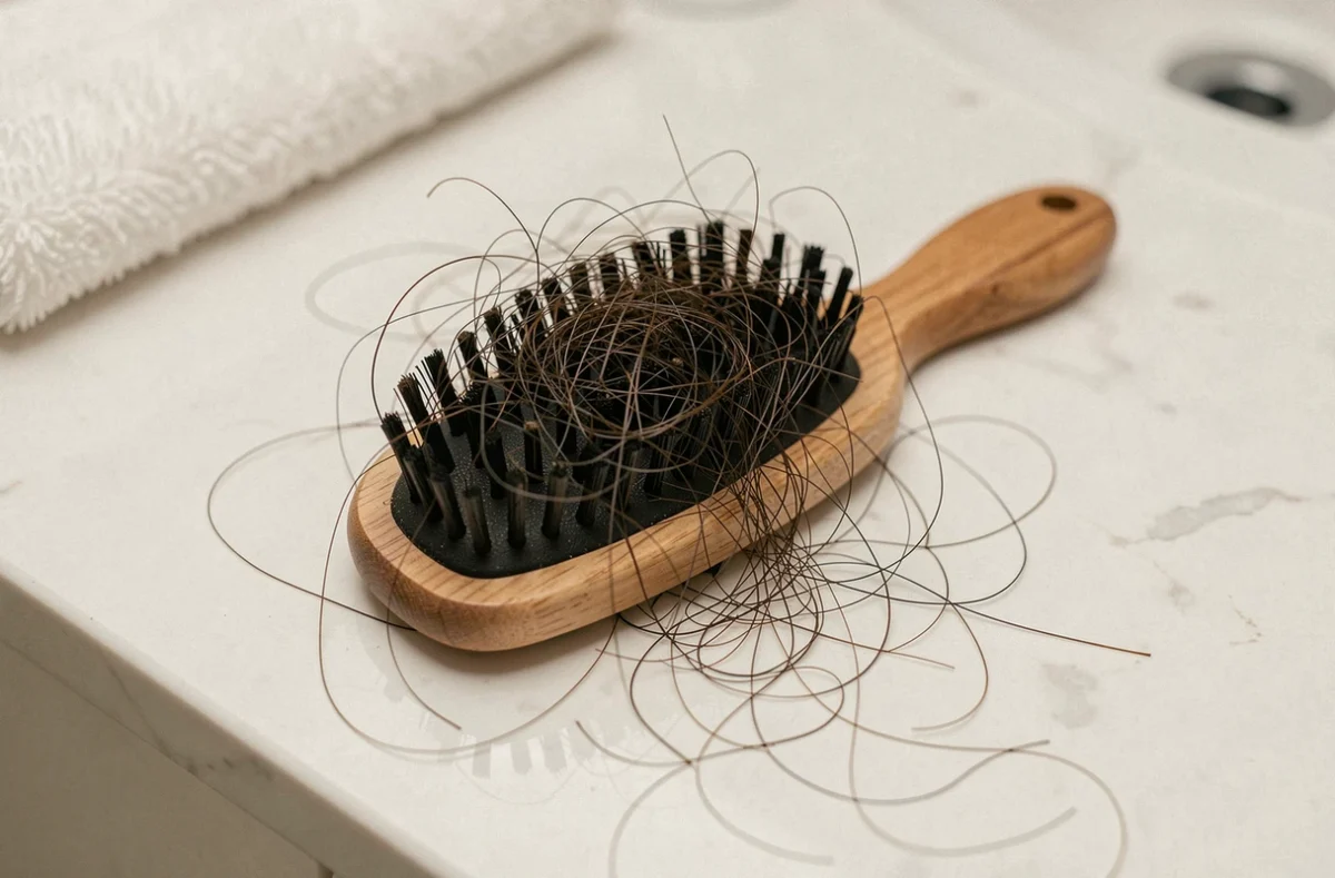 Brosse à cheveux couverte de cheveux tombés sur un comptoir de salle de bain, symbole de la chute de cheveux liée au cortisol