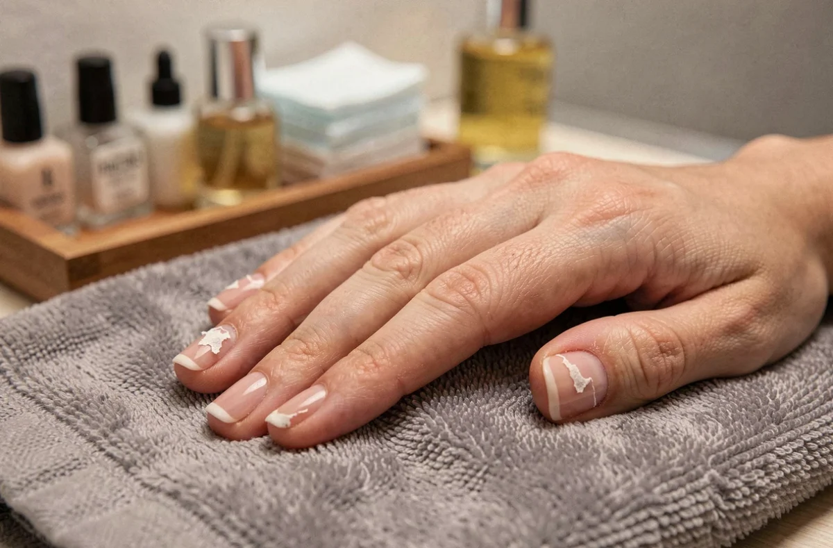 Gros plan sur un ongle avec résidu de chablon partiellement décollé révélant l'ongle naturel