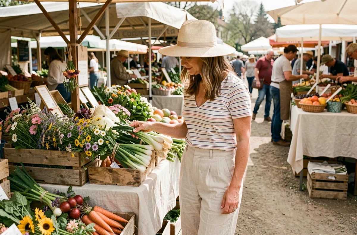 Femme avec chapeau en raphia et tenue lin crème au marché de producteurs au printemps