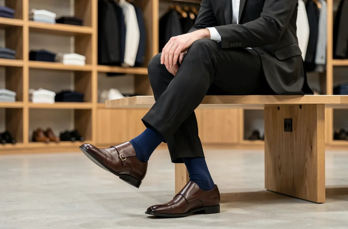 Homme assis en costume noir portant des chaussettes bleu marine dans une boutique de mode masculine