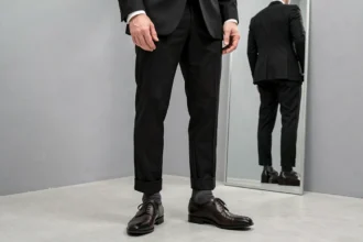 Homme en costume noir avec chaussettes gris charbon et chaussures oxford — vue 3/4 bas du corps