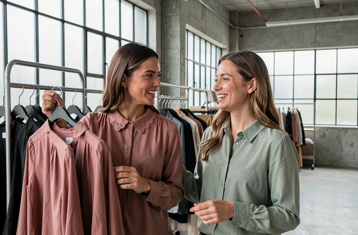 Deux femmes comparant des chemisiers à col Claudine dans un atelier de mode contemporain
