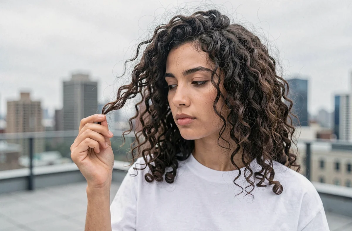 Jeune femme inspectant une mèche de cheveux bouclés secs et poreux sur une terrasse urbaine en plein air