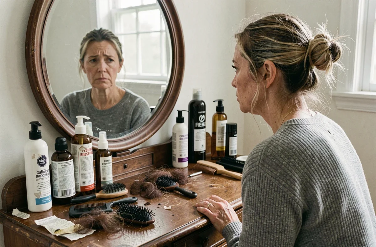 Femme aux cheveux ternes et cassants assise devant une coiffeuse avec des produits capillaires et une brosse remplie de cheveux perdus