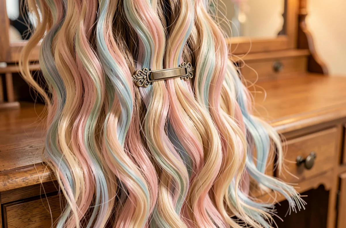 Cheveux colorés ornés d'une barrette et d'un serre-tête