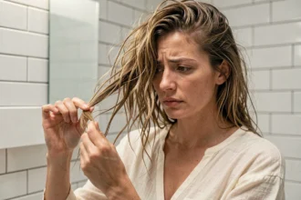 Femme examinant ses cheveux abîmés et secs dans un miroir de salle de bain, avec des pointes fourchues visibles