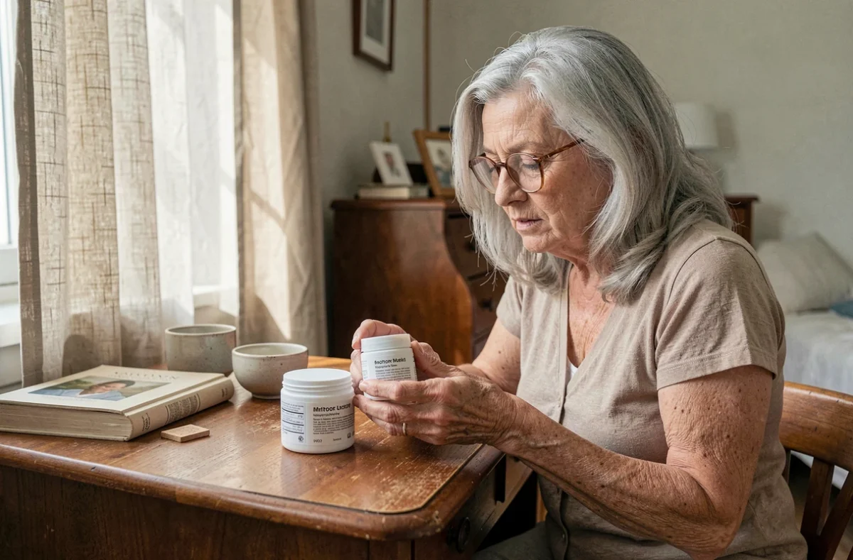 Femme âgée de 65 ans comparant deux crèmes hydratantes sur sa coiffeuse en bois, choisir un soin visage adapté à la peau mature