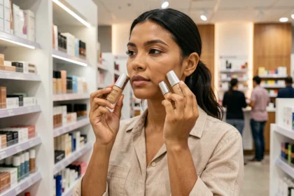 Femme comparant des teintes de fond de teint sur sa mâchoire dans un rayon cosmétiques en magasin