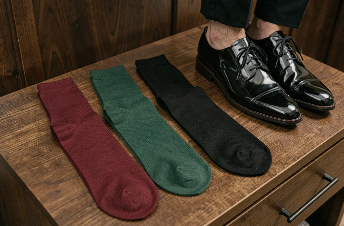 Sélection de chaussettes bordeaux, vertes et noires posées à côté de chaussures oxford noires pour costume