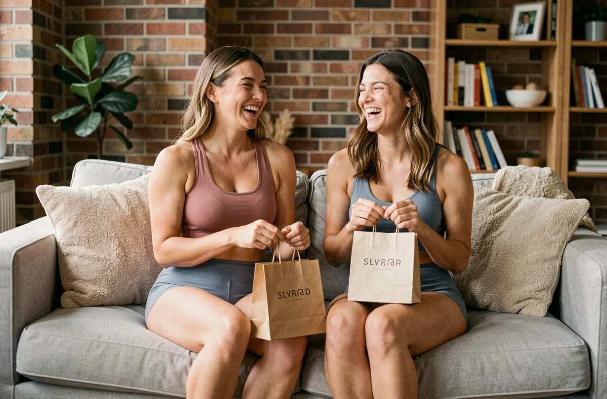 Deux femmes souriantes dans un appartement cosy portant des sous-vêtements confortables de styles différents après un achat en lingerie