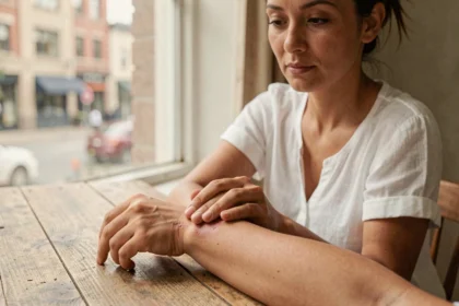 Femme touchant une cicatrice estompée sur son avant-bras, illustrant la question de la disparition des cicatrices