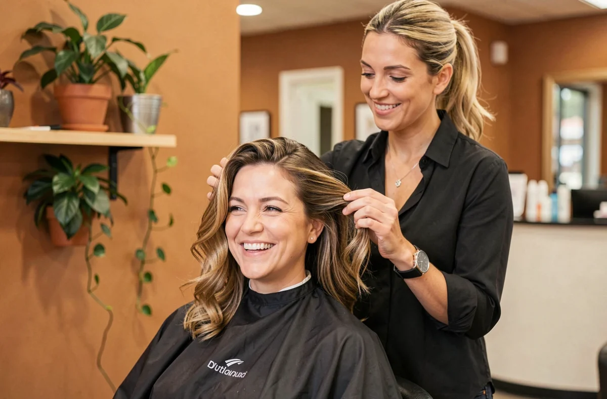 Cliente satisfaite admirant sa nouvelle coiffure dans un miroir avec sa coiffeuse souriante en arrière-plan