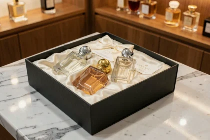 Coffret parfum de luxe posé sur un comptoir en marbre blanc dans une parfumerie haut de gamme, présentant trois flacons en verre dorés dans un écrin noir mat