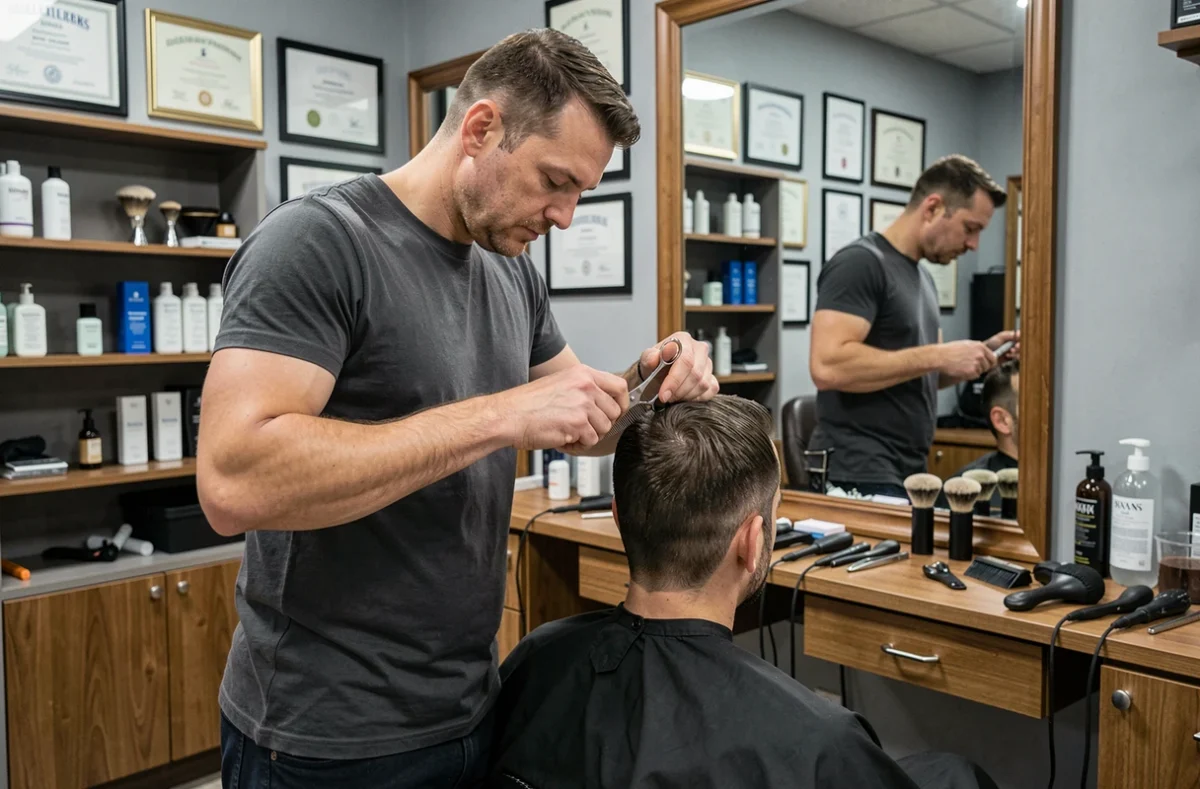 Coiffeur masculin effectuant une coupe précise avec des ciseaux professionnels devant un miroir de salon