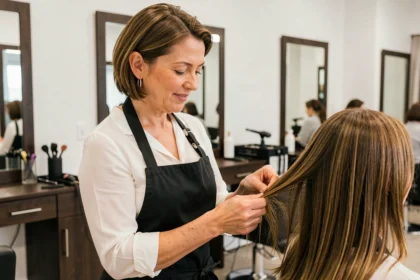 Coiffeuse professionnelle examinant attentivement les cheveux d'une cliente dans un salon moderne et soigné