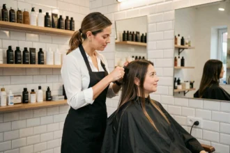 Coiffeuse professionnelle dans un salon moderne du Pas-de-Calais réalisant une coupe de cheveux