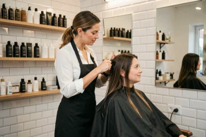 Coiffeuse professionnelle dans un salon moderne du Pas-de-Calais réalisant une coupe de cheveux