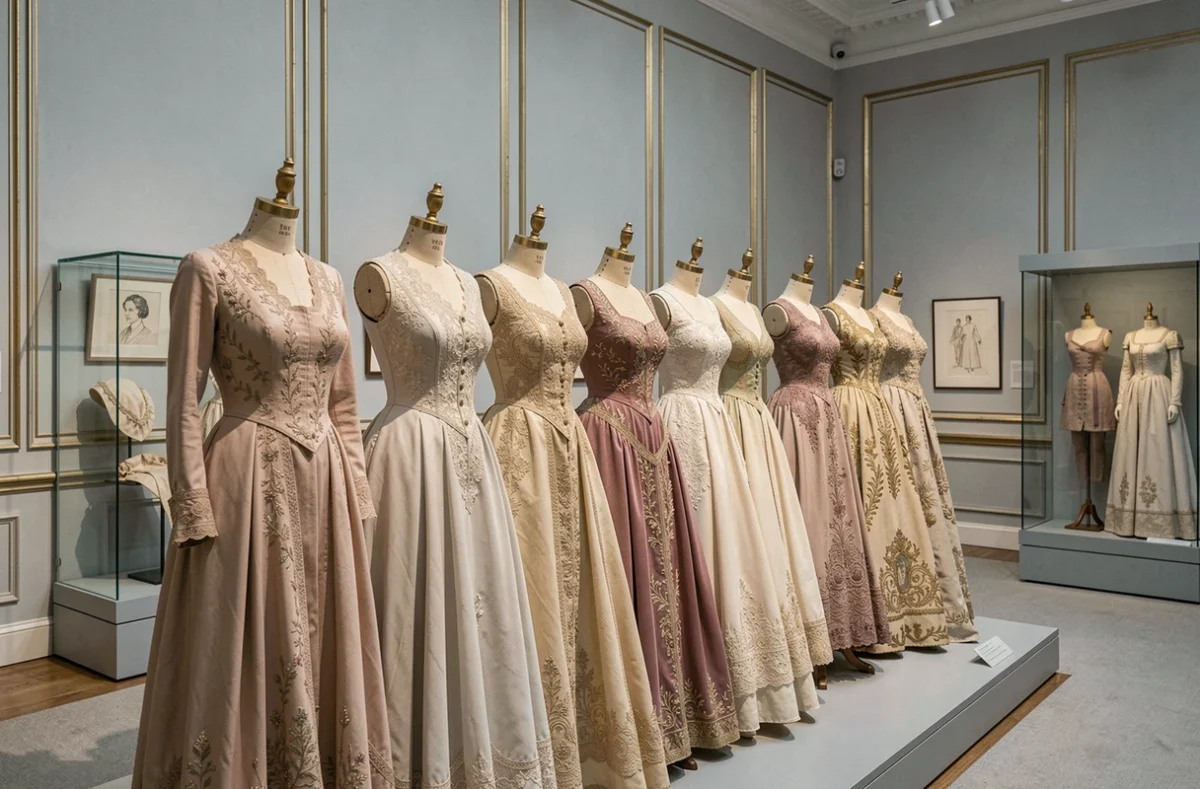 Collection de robes de haute couture du début du XXe siècle exposées dans un musée de la mode parisien