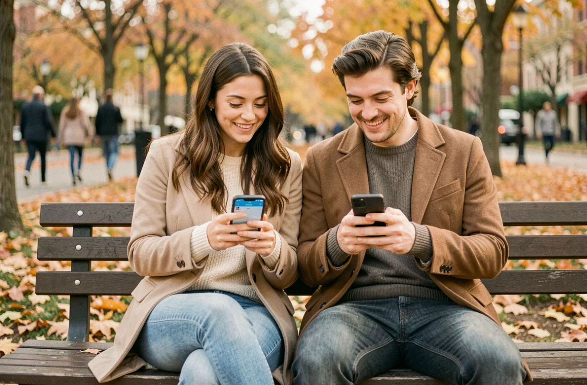 Deux jeunes adultes comparant différentes applications de rencontre sur leurs smartphones dans un parc, illustrant la diversité des concurrents d'Adopt sur le marché du dating